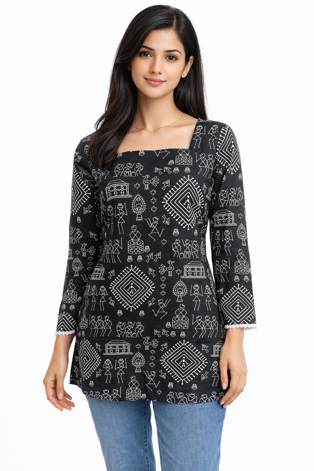 Women Black Warli Print Ethnic Top, Cotton, Three-Quarter Sleeve, Square Neck, Straight Fit-picture-31