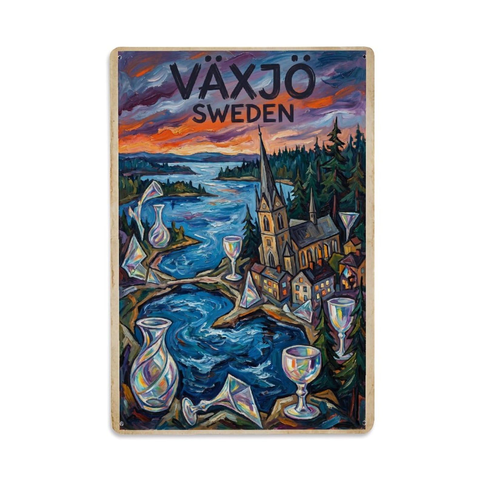 Retro Sweden Vaxjo Travel Metal Tin Sign Plaque Wall Decor for Cafe, Club Bar, Office, Garden Metal Poster 8x12Inch