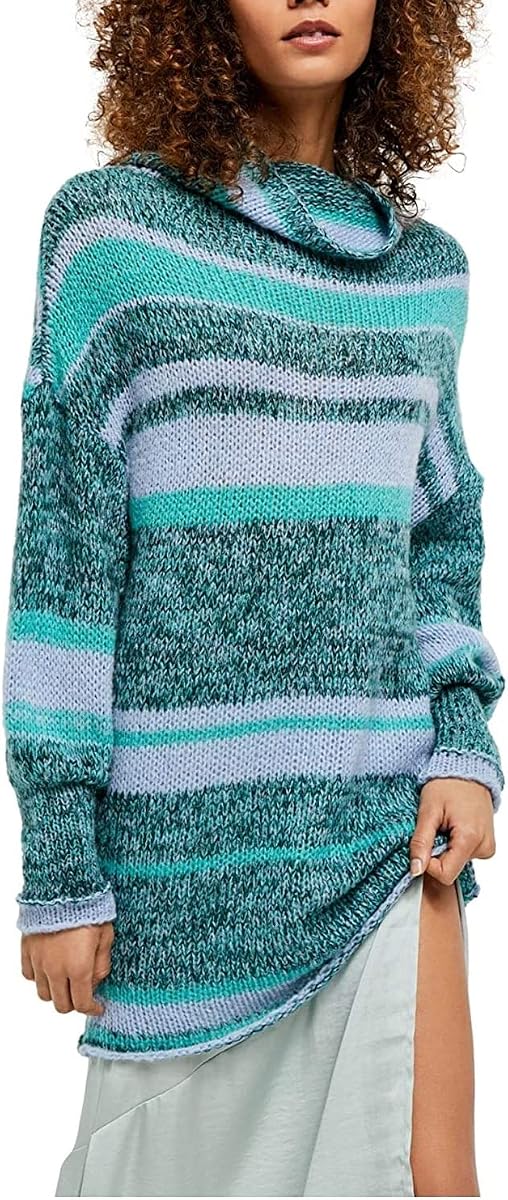 Free People Womens Wool Blend Striped Tunic Sweater Green S