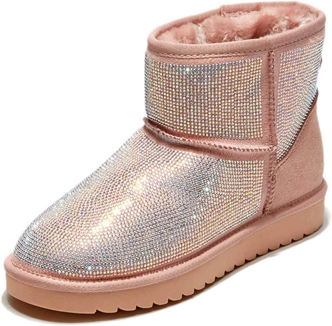 FSJ Women's Chic Slip On Snow Boots Round Toe Fur Lined Warm Flats Short Booties Comfy Winter Shoes Size 4-15 US