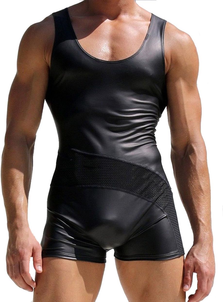 Men's Leather Like From Left Splice Vest Sports Leotard Wrestling Singlet Bodysuit
