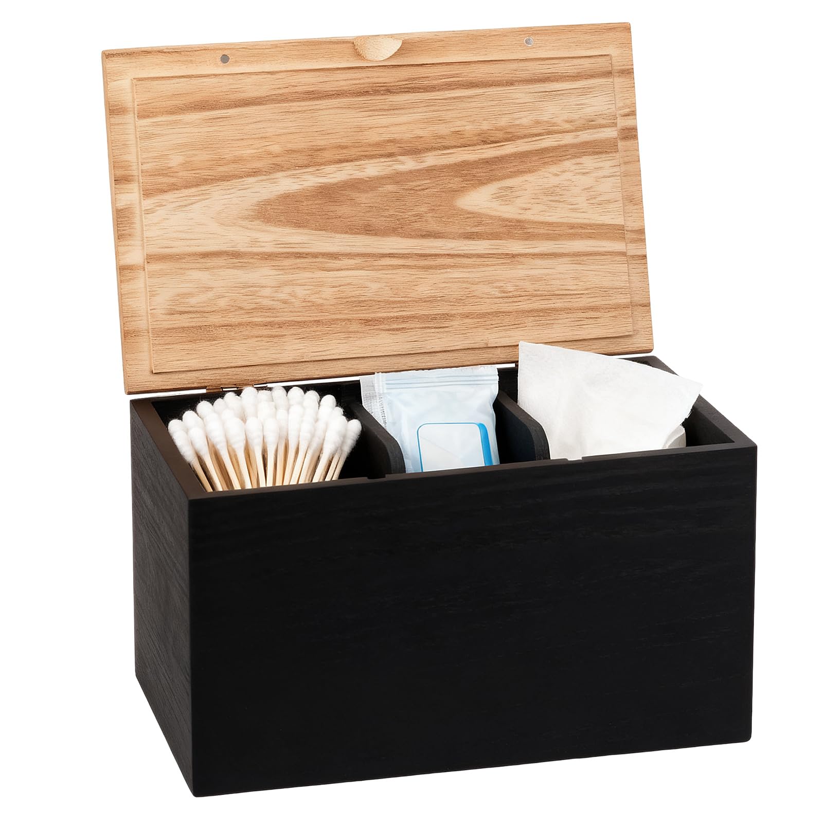 Yjqxmyu Black 3 Compartment Tampon Holder With 2 Removable Dividers, Wood Period Organizer With Lid Rustic Wood Bathroom Storage Box, Multipurpose Feminine Product Organizer For Woman (Black)