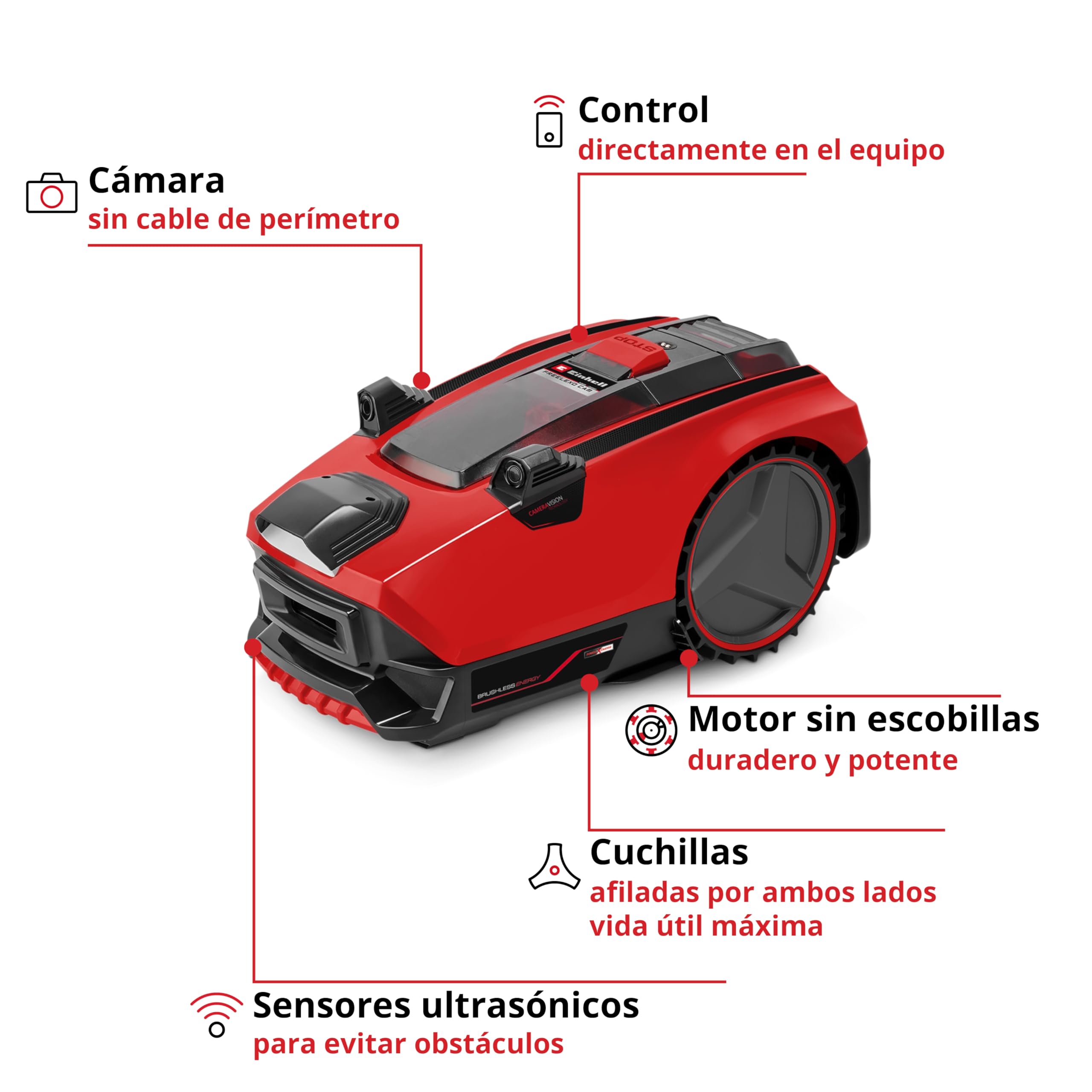 Einhell Robot cortacésped FREELEXO CAM 500 Power X-Change (18V, cámara vs Alambre de delimitación, Superficies de césped de 500m2, Pendiente hasta 25%, Ancho de Corte 18cm, protección antirrobos)