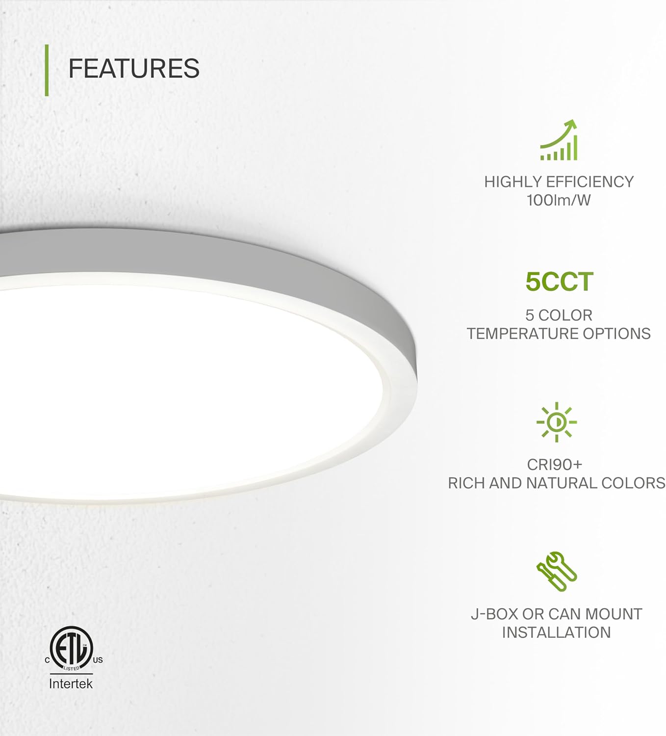 ASD LED 12" Round Flush Mount Ceiling Light Fixture, Low Profile Surface Lighting | 5CCT, Dimmable, Ultra-Thin, ETL Listed | 24W 2000LM 2700-6000K 100-277V | Kitchen, Bedroom, Hallway Lamp | White