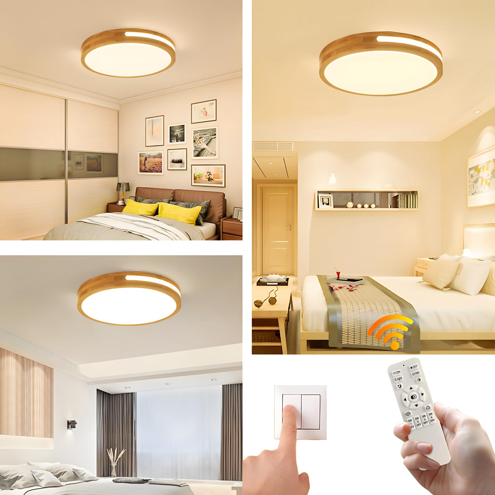 Holz-LED-Deckenleuchte | Ø40cm 3000-6000K 30W | Runde Natürliche Holz-Deckenleuchte Kunst-Hohl-Design Schlafzimmer Wohnzimmer Kinderzimmer Küche, Esszimmer Zuhause(Dimmbar Mit Fernbedienung)