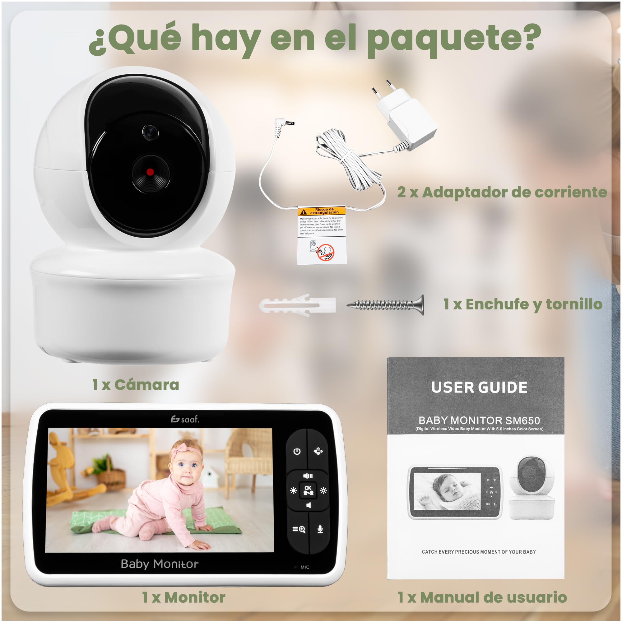 saaf Monitor de Bebé con Cámara y Pantalla de 5” – Cámara Giratoria y Orientable con Función Zoom – Función Hablar y Visión Nocturna – Brillo Ajustable – Soporte Flexible Incluido