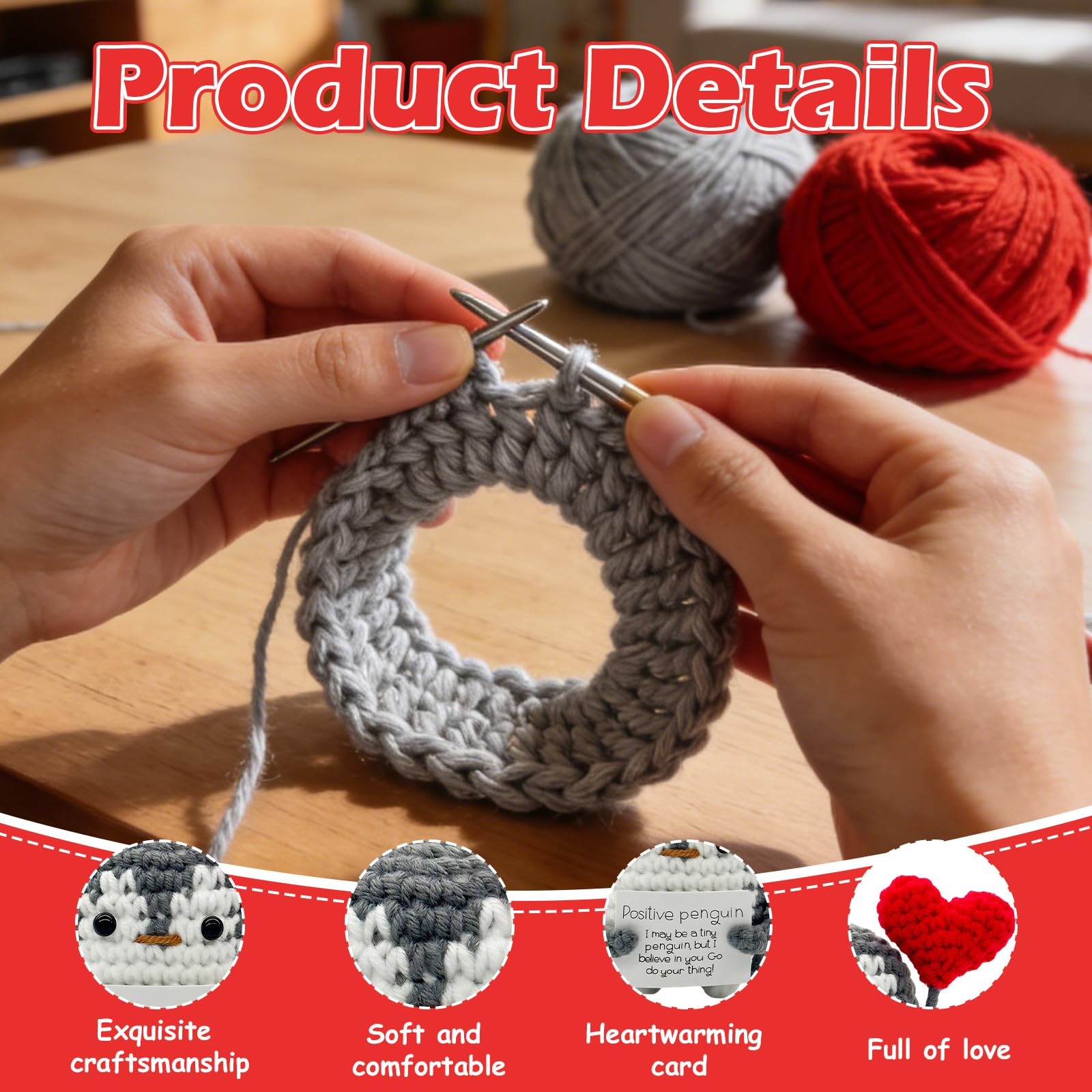 Qubitly Cute Grey Positive Penguin, Handmade Positive Crochet Animals With Card & Red Heart, Funny Crochet Penguin - Image 3