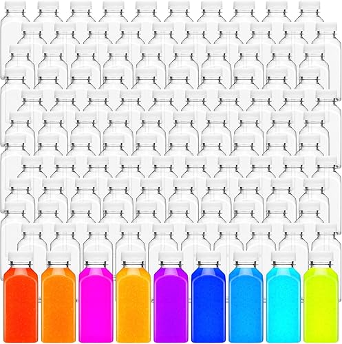 Zhehao 200 botellas vacías de plástico de 10 onzas con tapas, recipientes cuadrados transparentes para bebidas, pequeñas botellas reutilizables para
