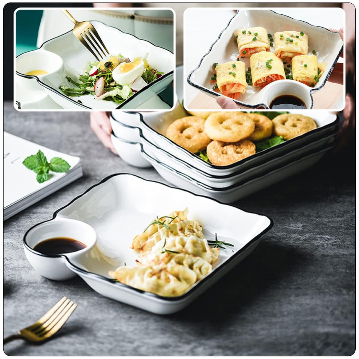 OSALADI Assiette japonaise en céramique blanc 2 pièces plateau à sushi chic avec bol à sauce pour nourriture comme sushi et dessert