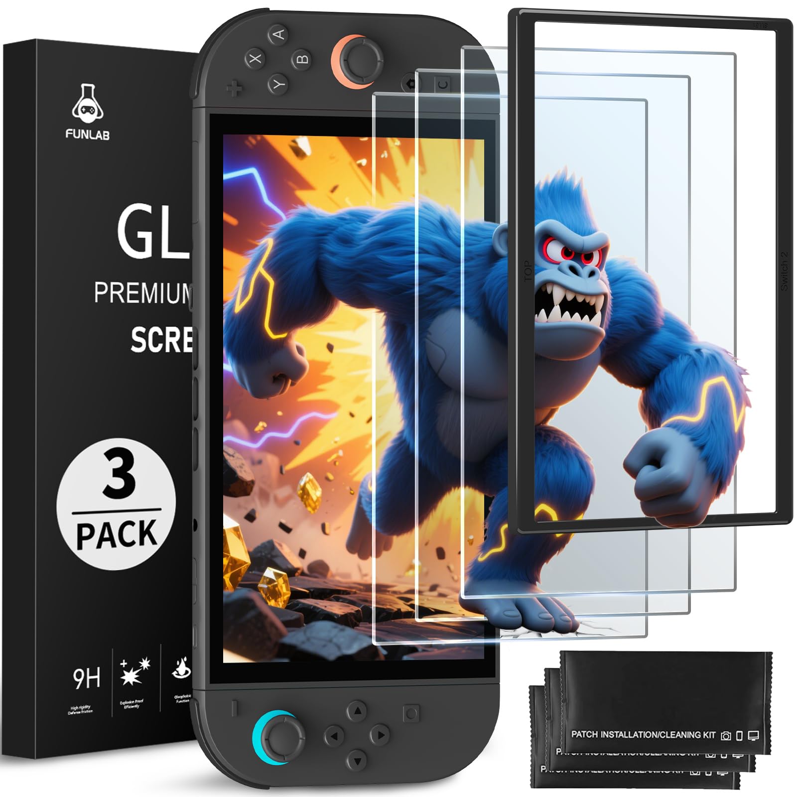 FUNLAB 3 Pack Screen Protector for Nintendo Switch 2 with Alignment Frame&Cleaning Kit, Accessories 9H Mica Enhanced Tempered Glass Matte Screen Protector for Nintendo Switch 2, 7.9-Inch