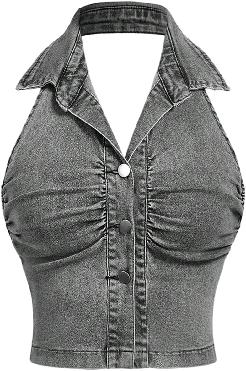 Milumia Women's Ruched Button Front Denim Halter Top Sleeveless Collar Neck Summer Crop Tops