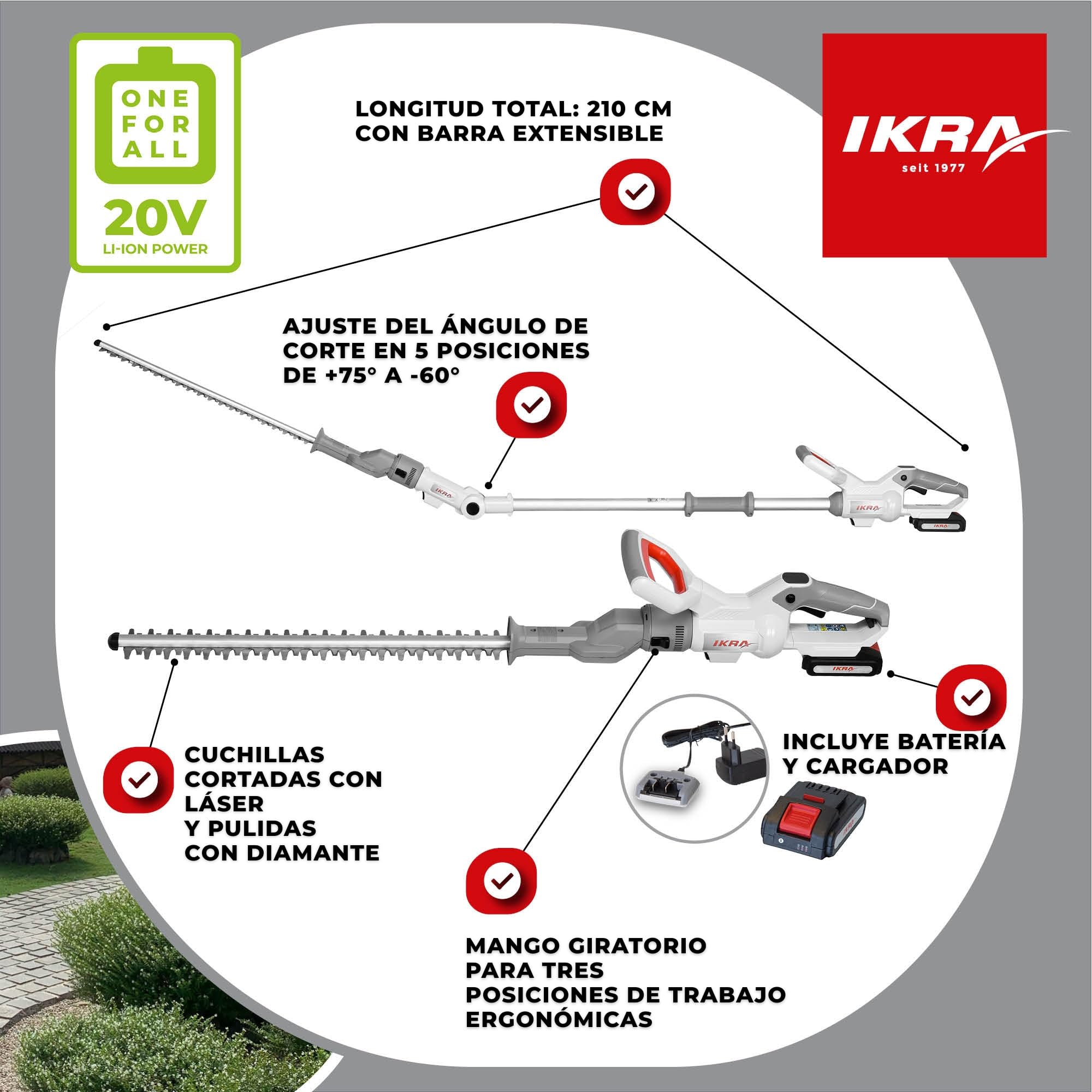 IKRA Cortasetos a batería 2en1 ICPH 2050 con Barra telescópica | Incluye batería de 20V 2Ah y cargador, 2 en 1: conversión rápida a cortasetos telescópico, gama de baterías de 20 V de IKRA