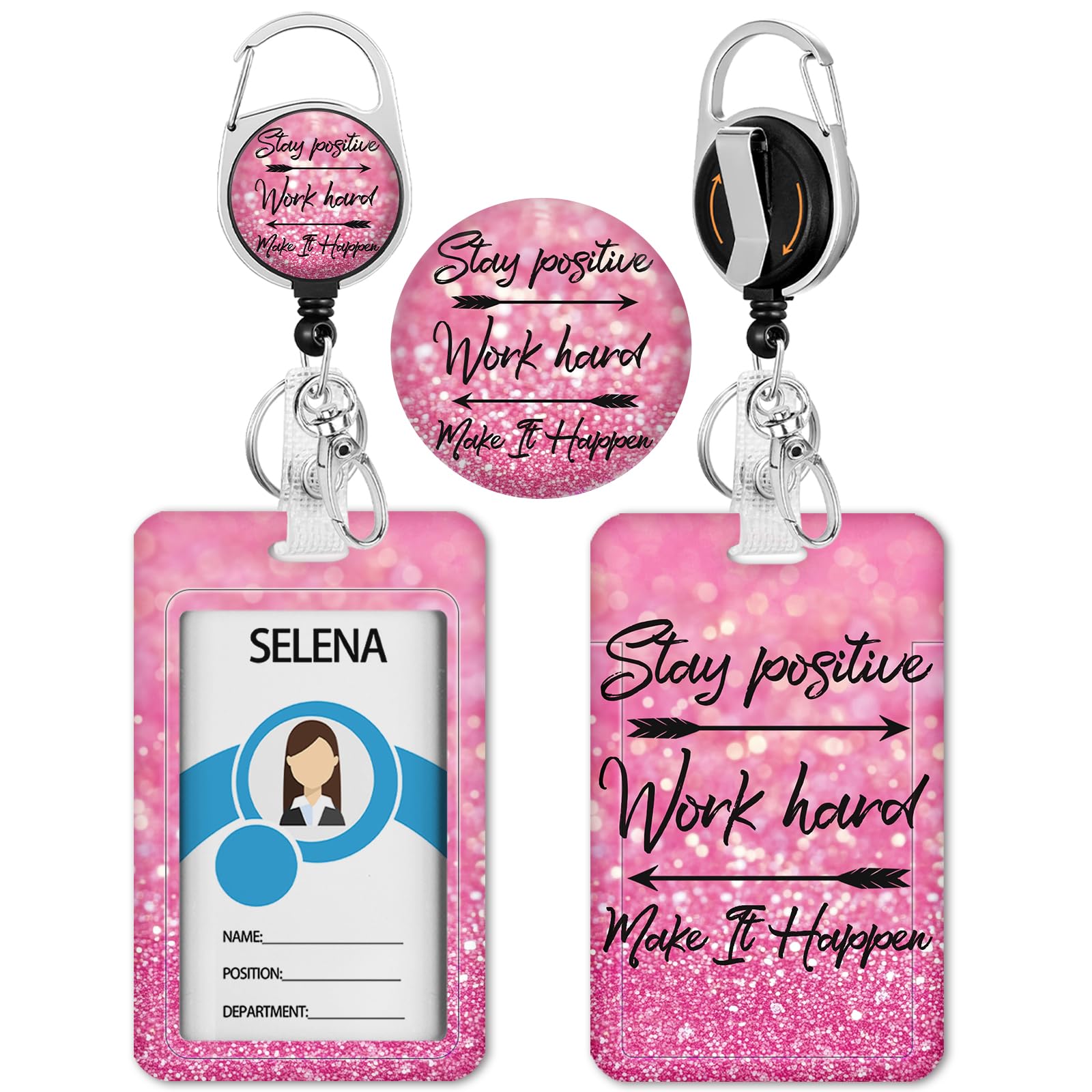 Positive Badge Holder with Retractable Reel, Funny Id Card Badge Case with Carabiner Clip Heavy Duty, Vertical Card Name Tag Badge Protector Cover for