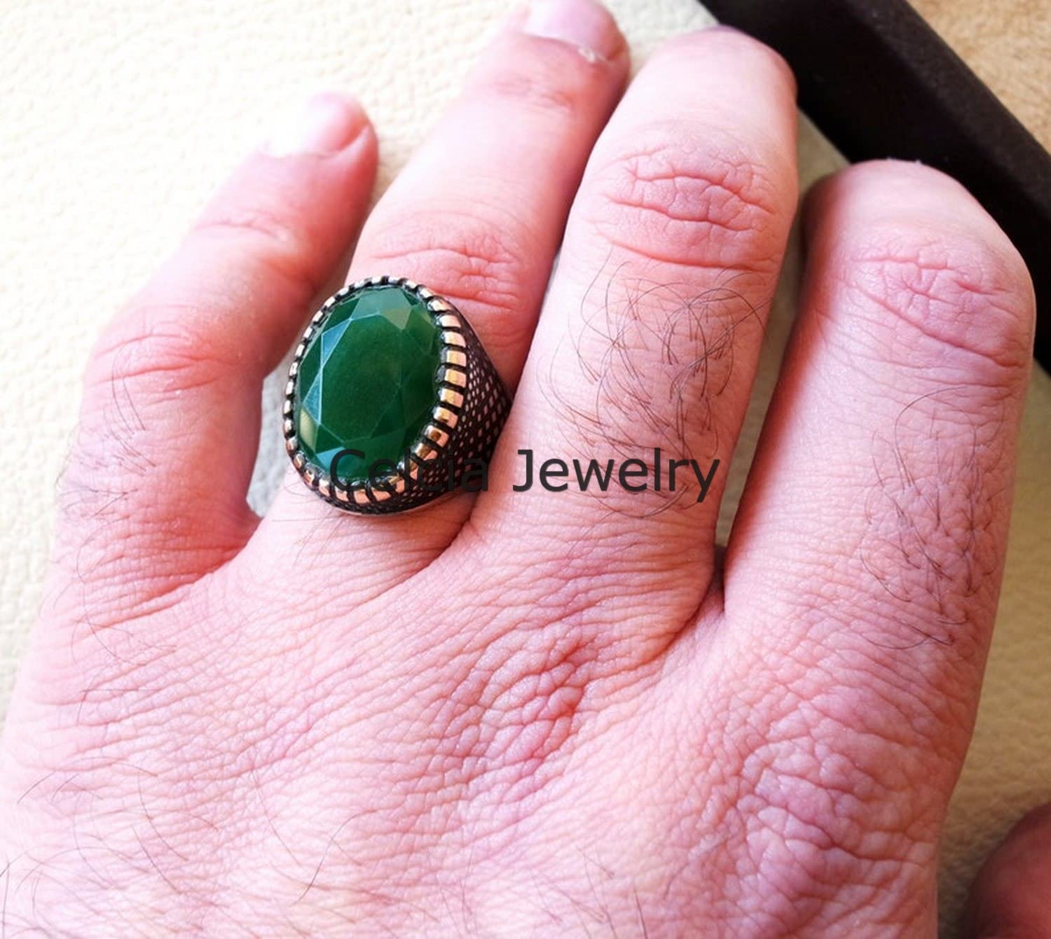 Smaragd echter grüner Edelstein facettierter ovaler Ring, schöner handgefertigter Siegel-Statement-Ring, Vatertagsgeschenk, silberner Emaille-Ring, Mai-Geburtsstein-Geschenk (Smaragd)