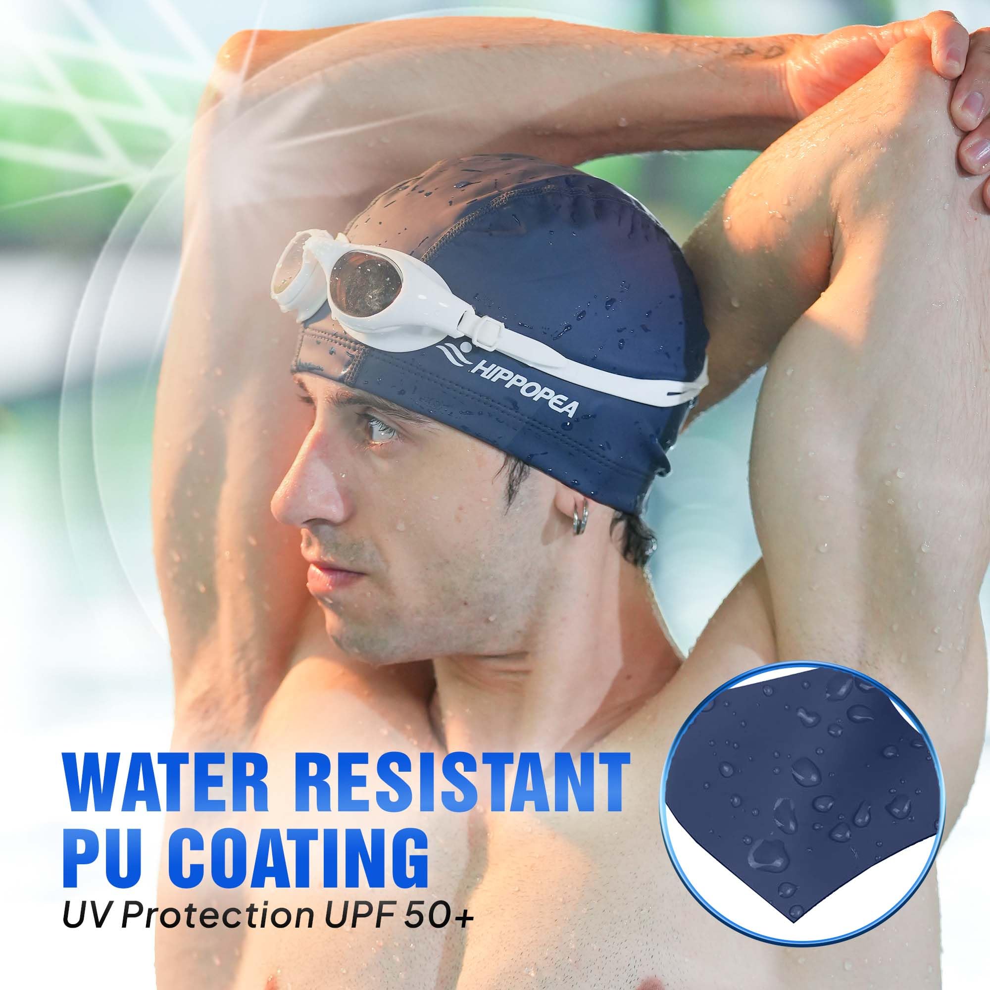 HIPPOPEA Water Resistant Fabric Swim Cap with PU Coating Layer - Elasticic Cloth Swimming Cap, Breathable, Lightweight & Comfortable for Women Men Boy Girl