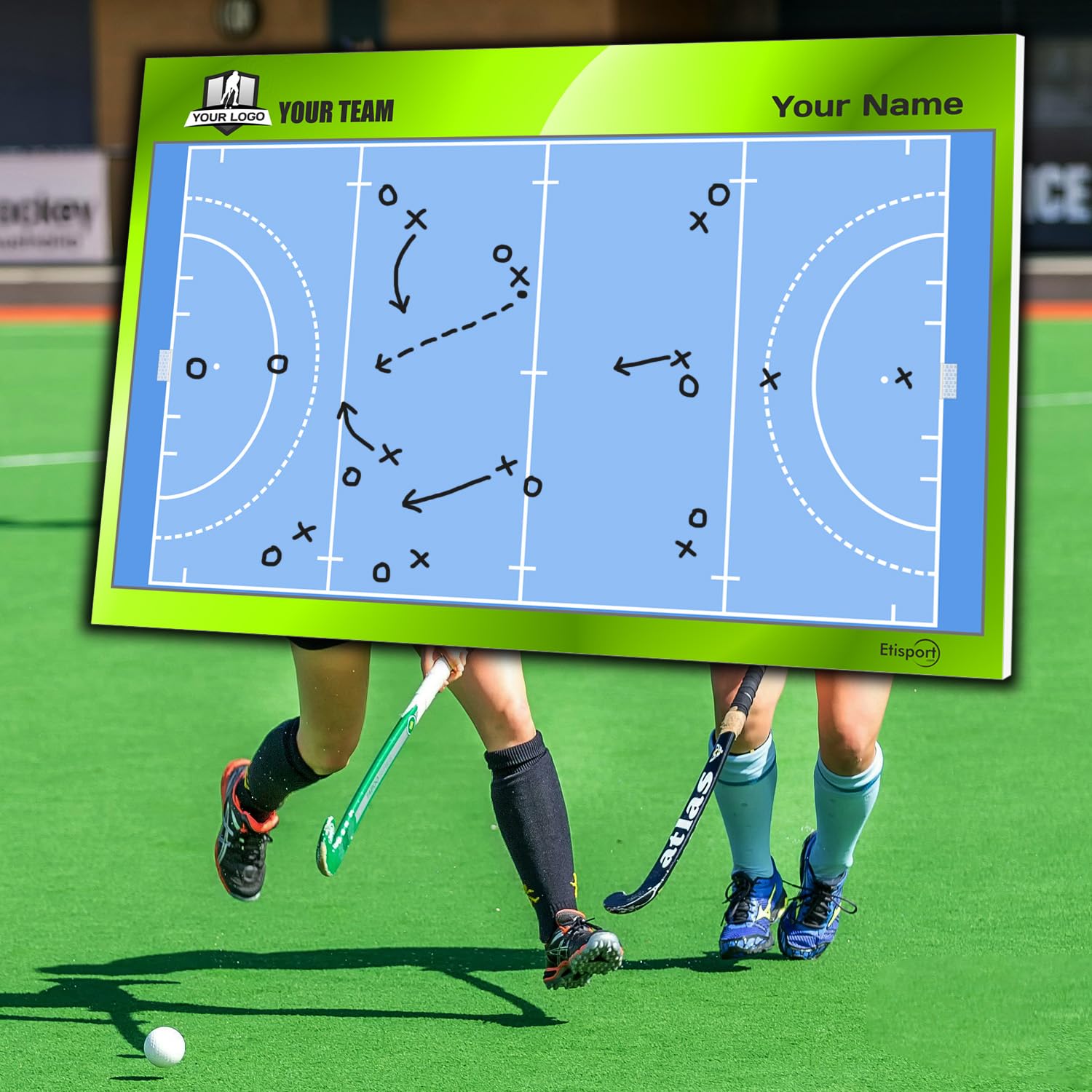 Pizarra táctica Hockey Hierba para entrenador personalizada con nombre y escudo del club. Tablero de borrado en seco 30,5 x 20,5cm