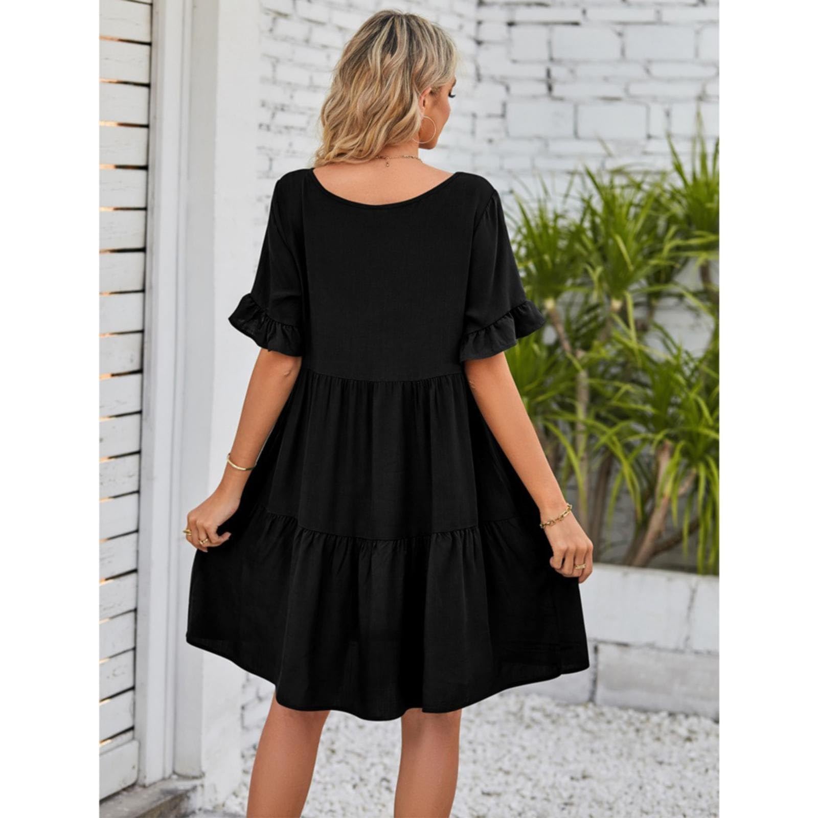 Damen-Sommerkleid lässig V-Ausschnitt geschichtet Rüschensaum Tasche A-Linie Mini-Swing-Strandkleid mit kurzen Ärmeln