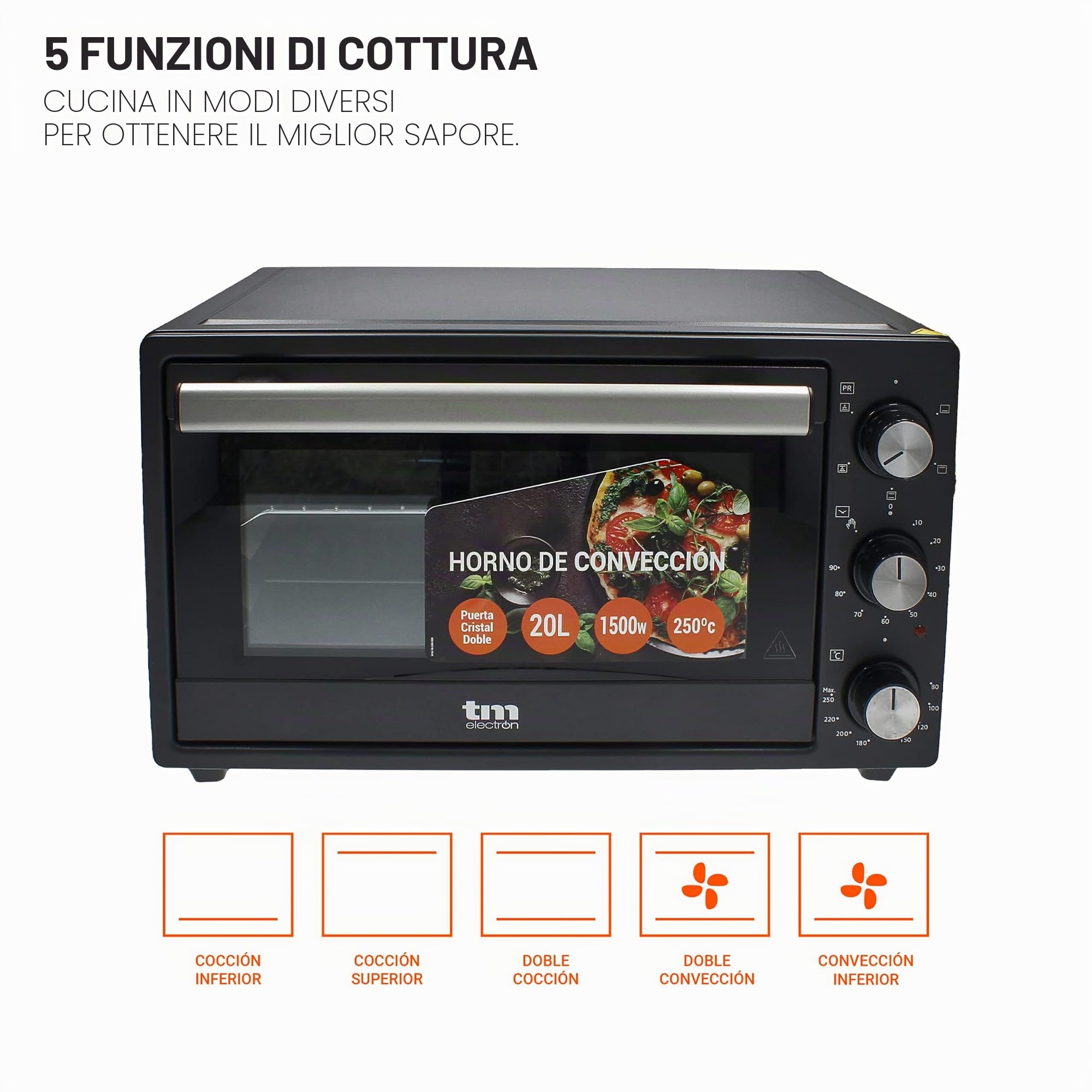 TM Electron TMPHO020 - Forno a convezione da tavolo, 5 funzioni, capacità 20 litri, timer 90 minuti, temperatura regolabile da 80° a 250°, 1500W