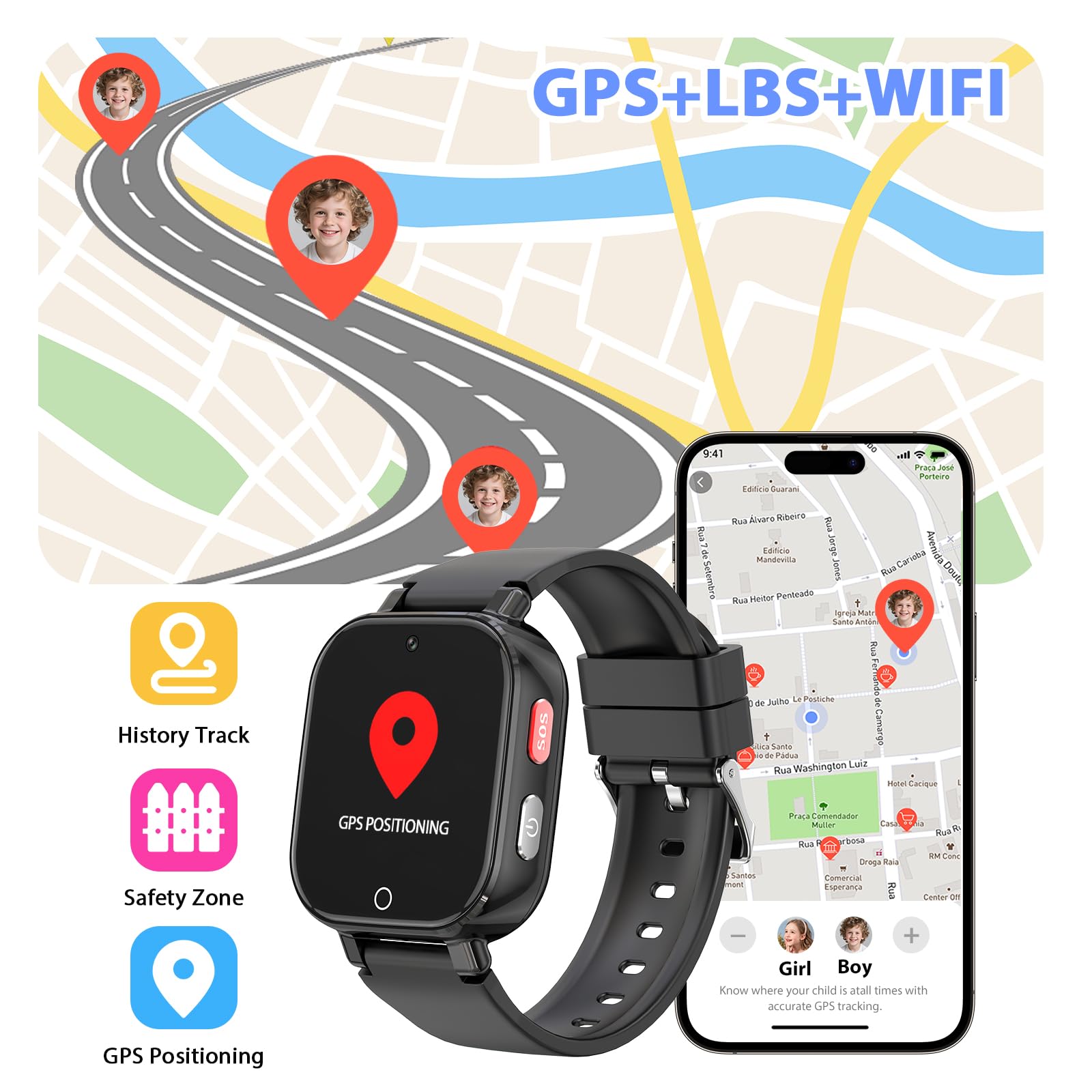 4G Smartwatch Kinder mit Videoanruf GPS SOS IP68 Wasserdicht Schulmodus Schrittzähler Kinderuhr Geschenk Jungen Mädchen 4-12 Jahren Schwarz