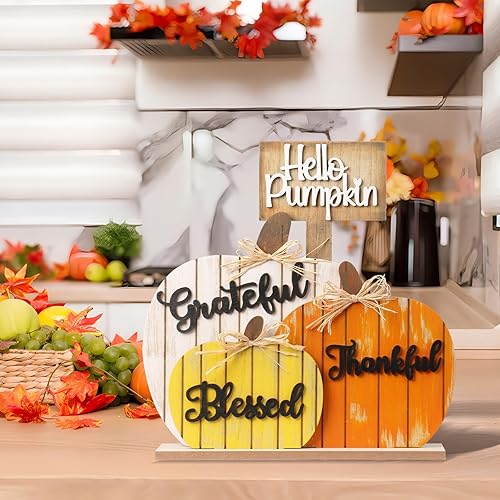 Miniatura 5 de SY Super Bang Decoraciones de Otoño para el Hogar, Letrero Rústico de Madera Bendecido Agradecido Afortunado de Calabaza para Mesa, Decoración de