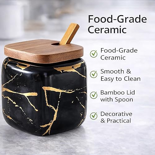 Miniatura 4 de 2 juegos de tarros de cerámica de mármol para condimentos, azucarero de cerámica con tapas, bandeja y cucharas (negro)