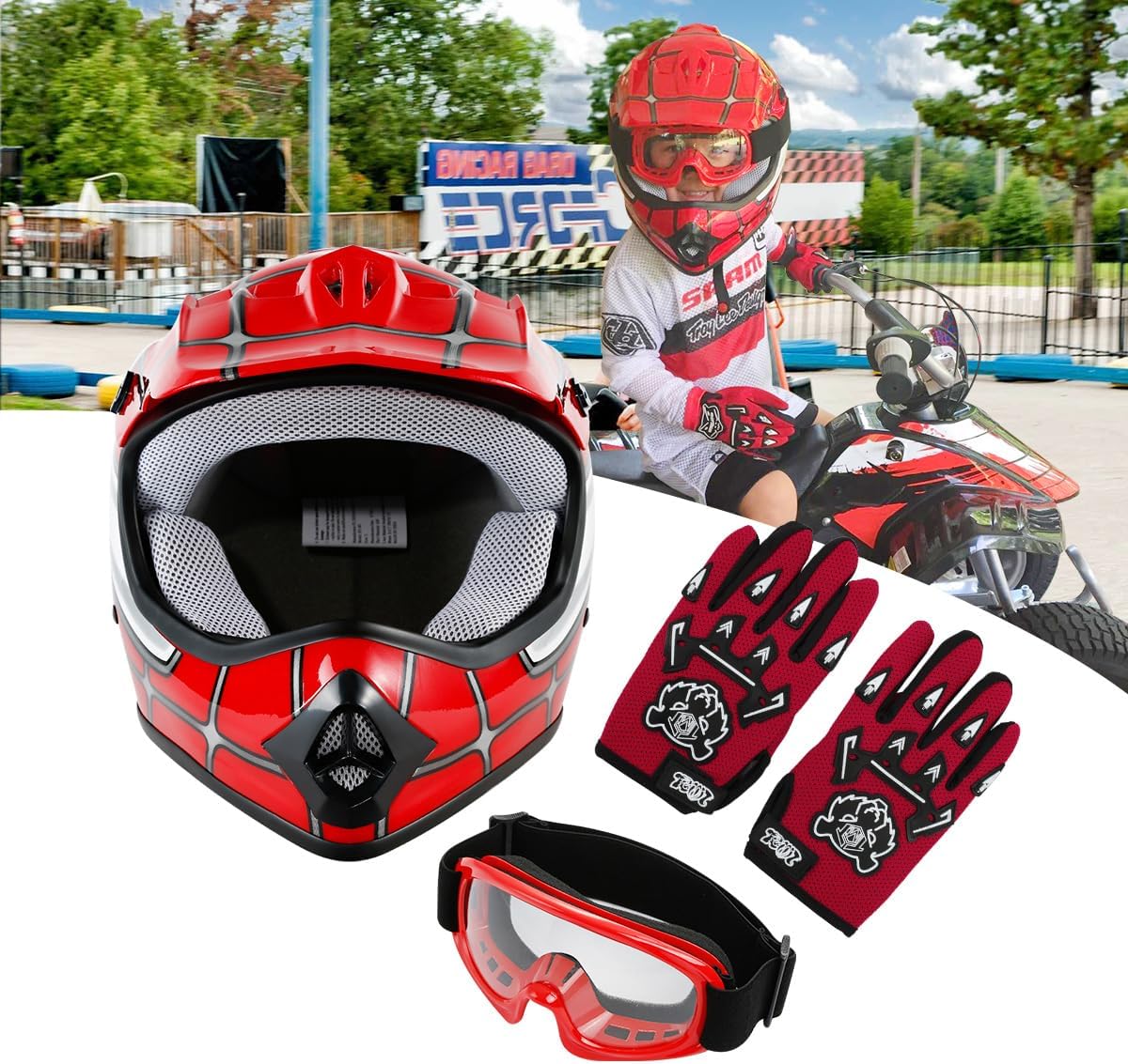 SLMOTO DOT Approved Youth Kids Helmet Offroad Street Helmet Motorcycle Helmet Dirt Bike Motocross ATV Red Spider Helmet+Goggles+Gloves