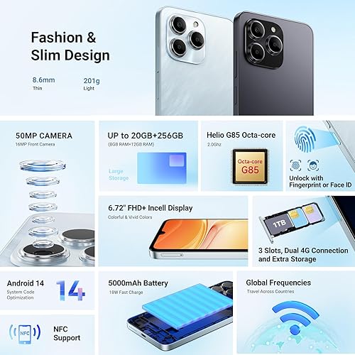 Miniatura 2 de FOSSIBOT Teléfono celular S2 desbloqueado, pantalla FHD+ de 6.72 pulgadas, 20 (8+12 GB)+256 GB 1 TB TF, batería de 5000 mAh, cámara de 50 MP+16 MP,