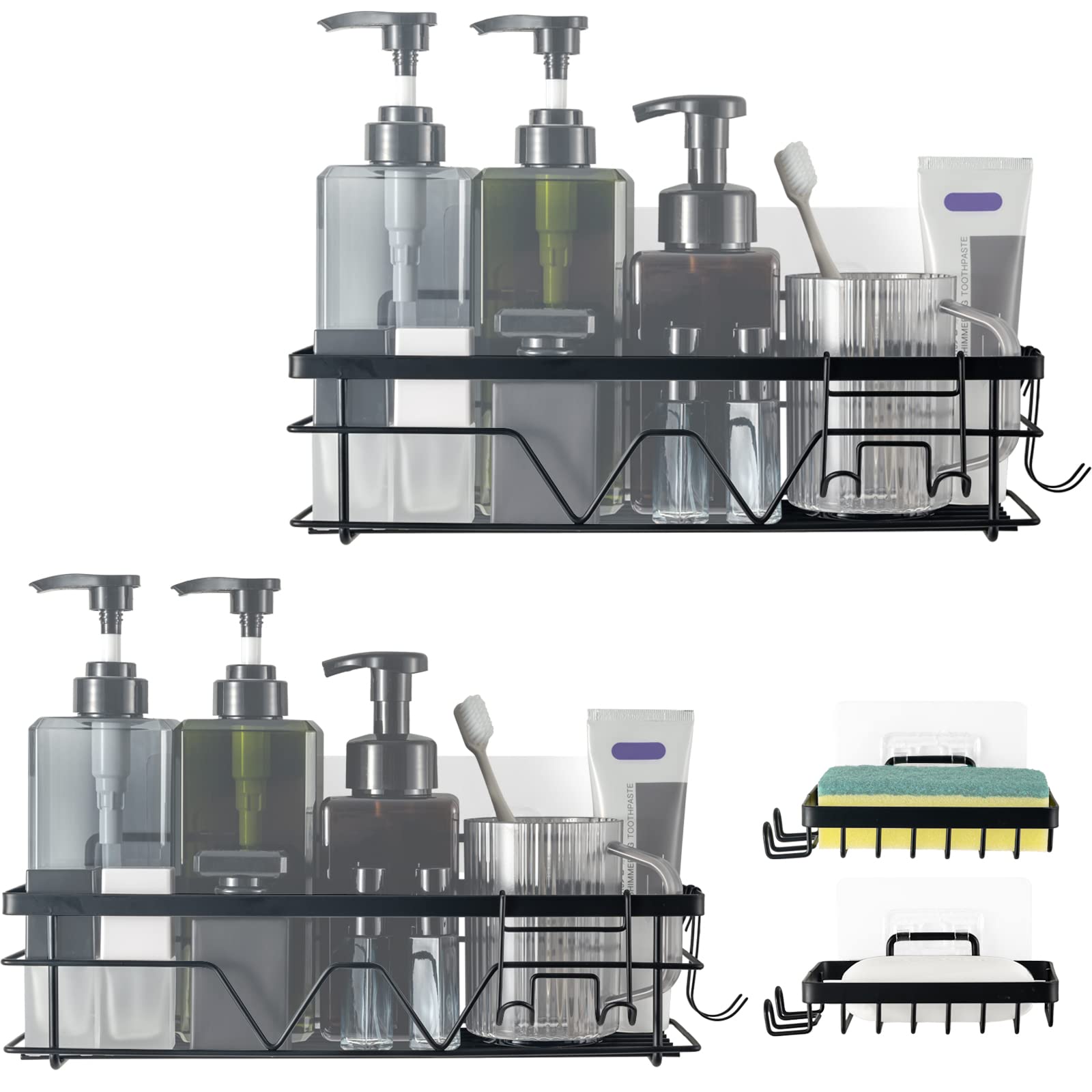 uloguShower Caddy, Shower Shelf for Inside Shower 4 Pack Adhesive Shower Shelves with 2 Shower Racks, 2 Soap Holders, 6 Hooks, 1 Razor Hook, Rustproof Wall Mounted Bathroom Shower Storage