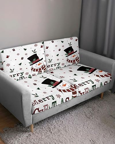 Miniatura 3 de Wowouhiya Fundas de cojín navideñas para sofá, funda elástica para sofá con parte inferior elástica, diseño de muñeco de nieve blanco, Navidad,