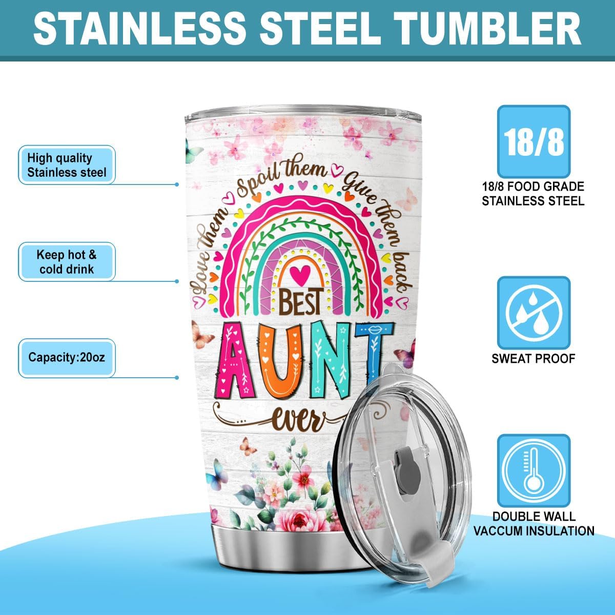 Auntie, Aunt Gifts, Tumbler 20 Oz With Lid And Straw, Best Aunt Like Mother - Image 7