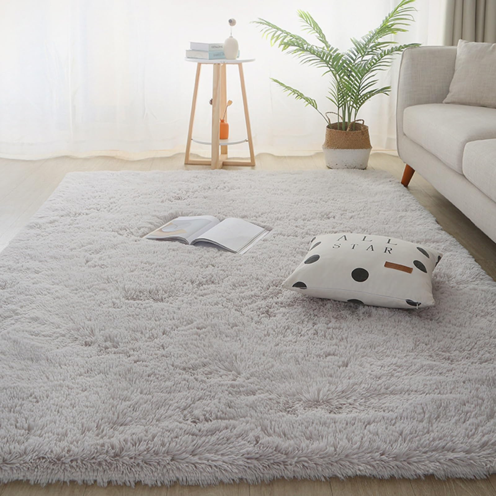 Tapis de salon à poils longs lavable 225 x 375 cm | Grand tapis de sol gris clair