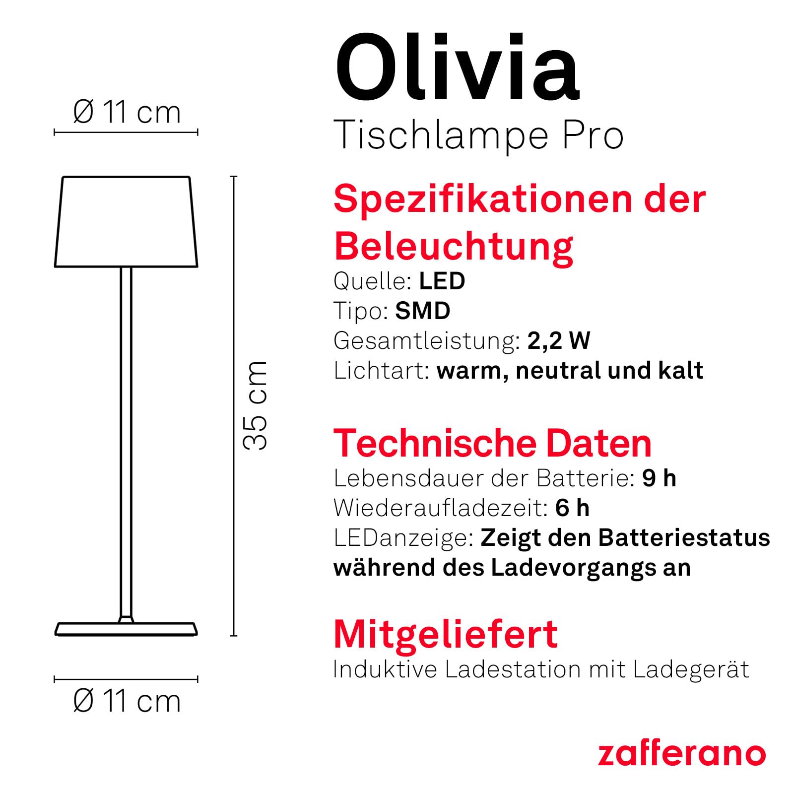 Zafferano, Olivia Pro Lampe, Tragbare und Wiederaufladbare Tischlampe mit Touch Control, Geeignet für Wohnzimmer und Außenbereich, Dimmer, 2200-3000 K, Höhe 35 cm, Farbe Dunkelgrau