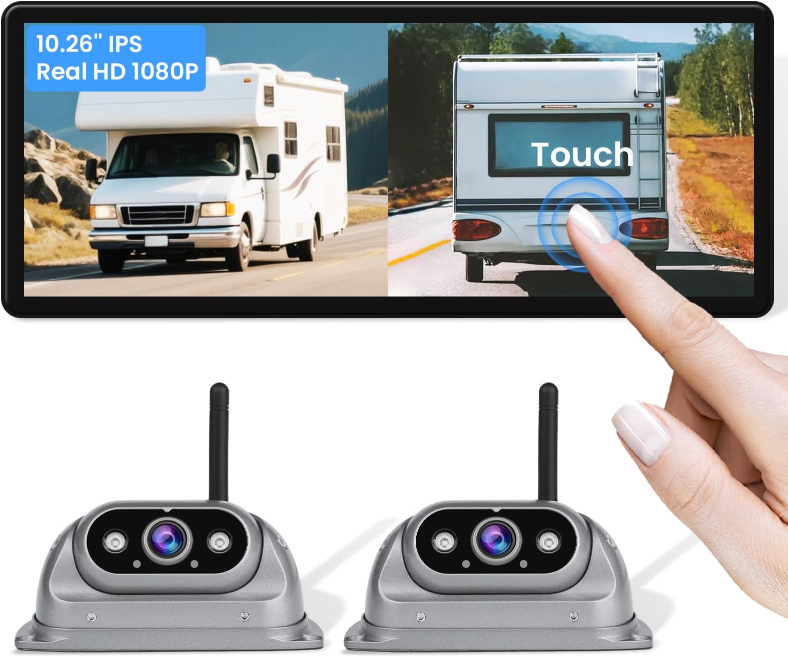 Wireless Backup Cameras System with 10.26"Pre-Wired for Furrion System 1080P HD IPS Touch Screen-No Delay,IP69K Waterproof,Super Night,Wide Split Screen 2-Channel for Reversing RV,Trailer,Camper,Truck