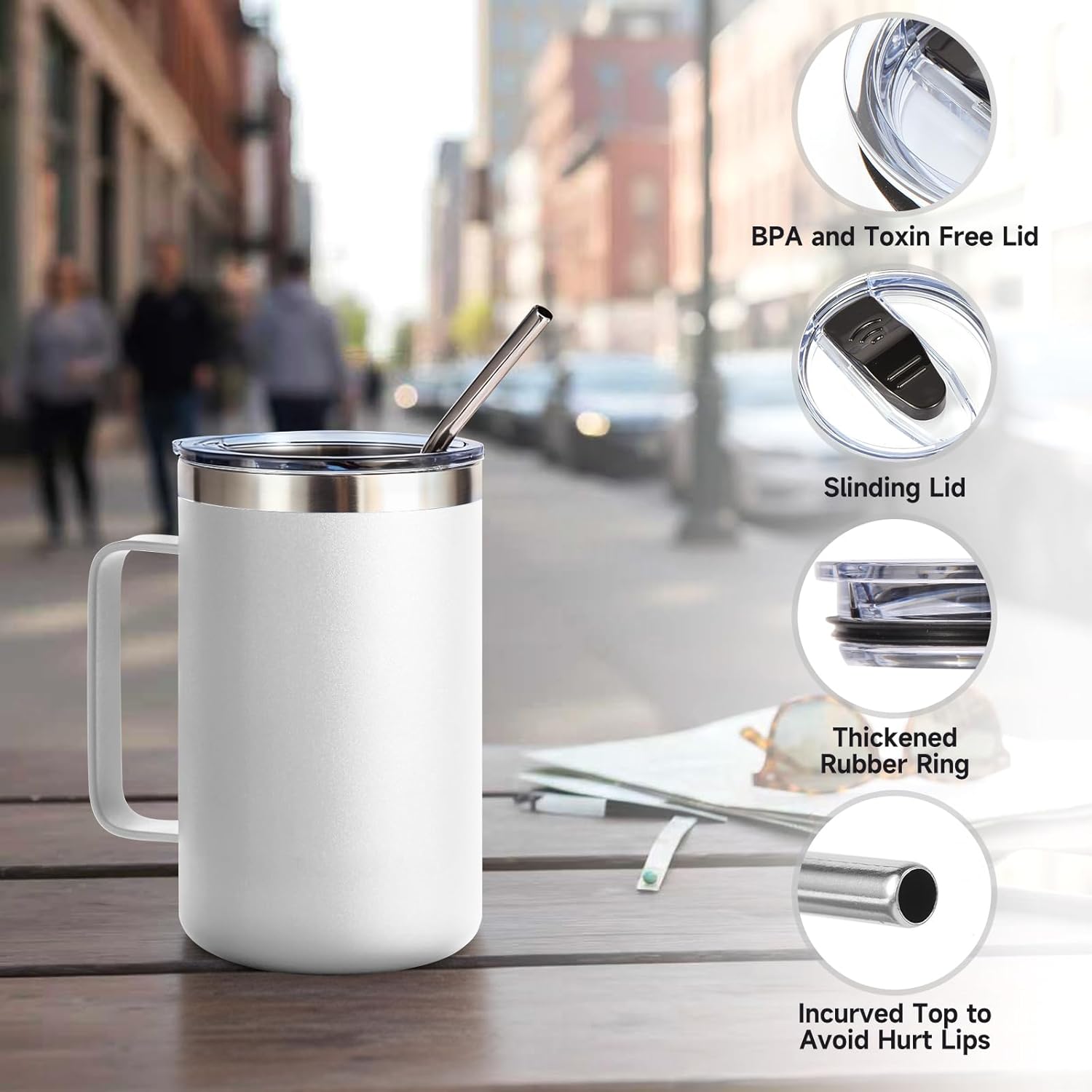 Volhoply 16oz Insulated Coffee Mug with Lid and Straw, Stainless Steel Travel Mugs with Handle, Double Wall Vacuum Leak Proof Coffee Tumbler Cup (White,1) - Image 6