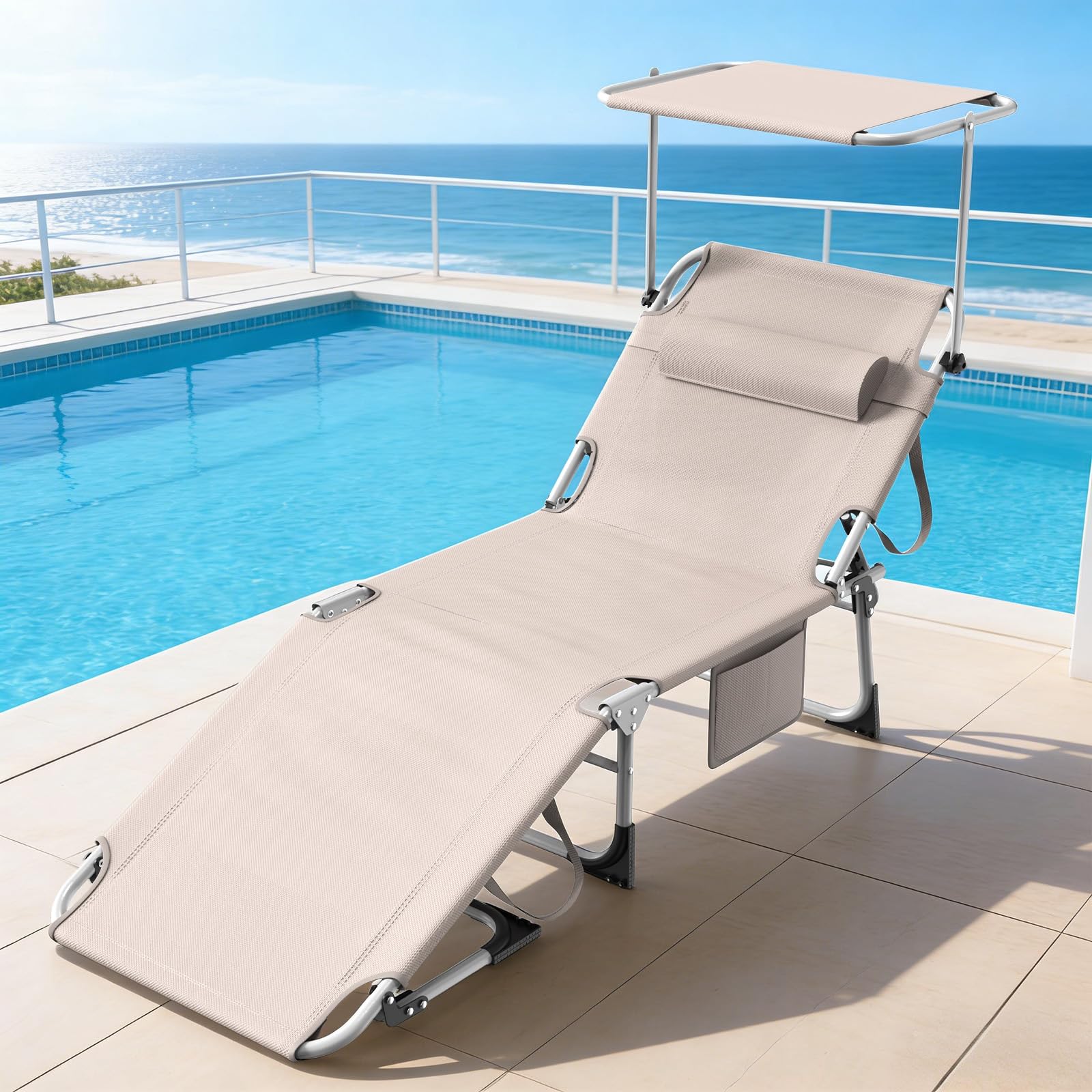 Transat Pliant avec Toile Solaire 194x67,5cm – Chaise Longue Multi-Positions & Parasol 360°, 600D Oxford, INCL. Poche Latérale & Sangle de Transport (Chaise Camping, Kaki)