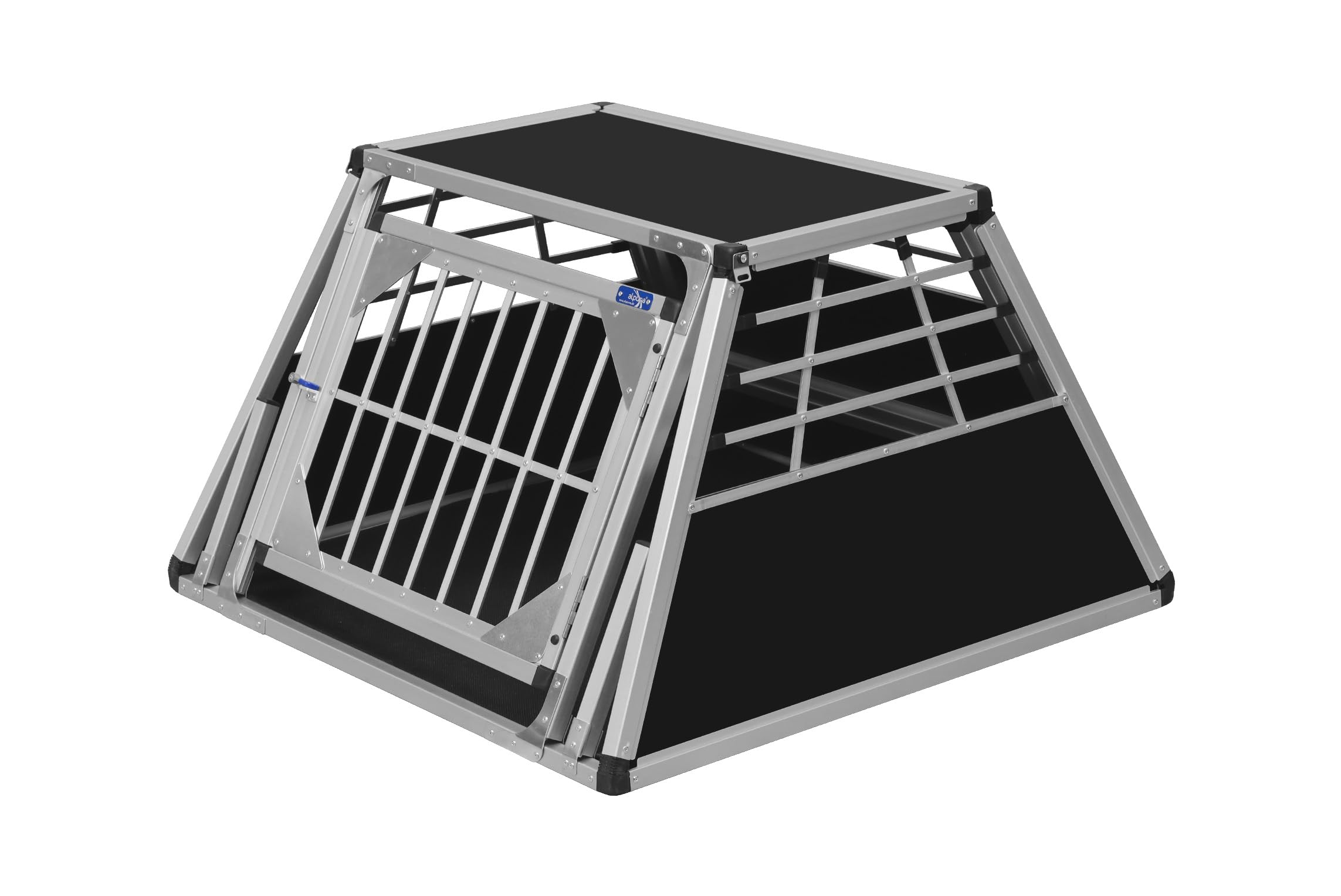 ALPUNA Transportbox N82 – Aluminium Hundebox 95×93×58 cm, Auto Hundebox mit Notausstieg, sicherer Hundetransport im Kofferraum mit Stoßstangenschutz
