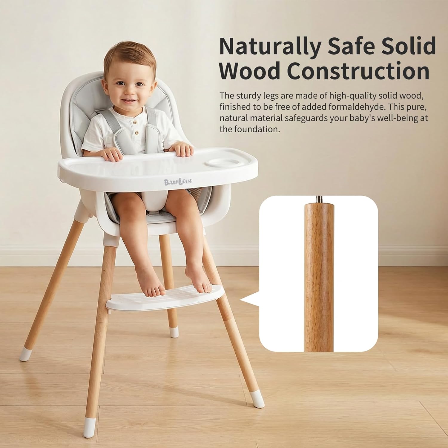 Baby High Chair, Wooden Highchair with Removable Tray, Adjustable Legs, Cushion, 5-Point Harness and Footrest for Infants, Baby, Toddlers, Gray