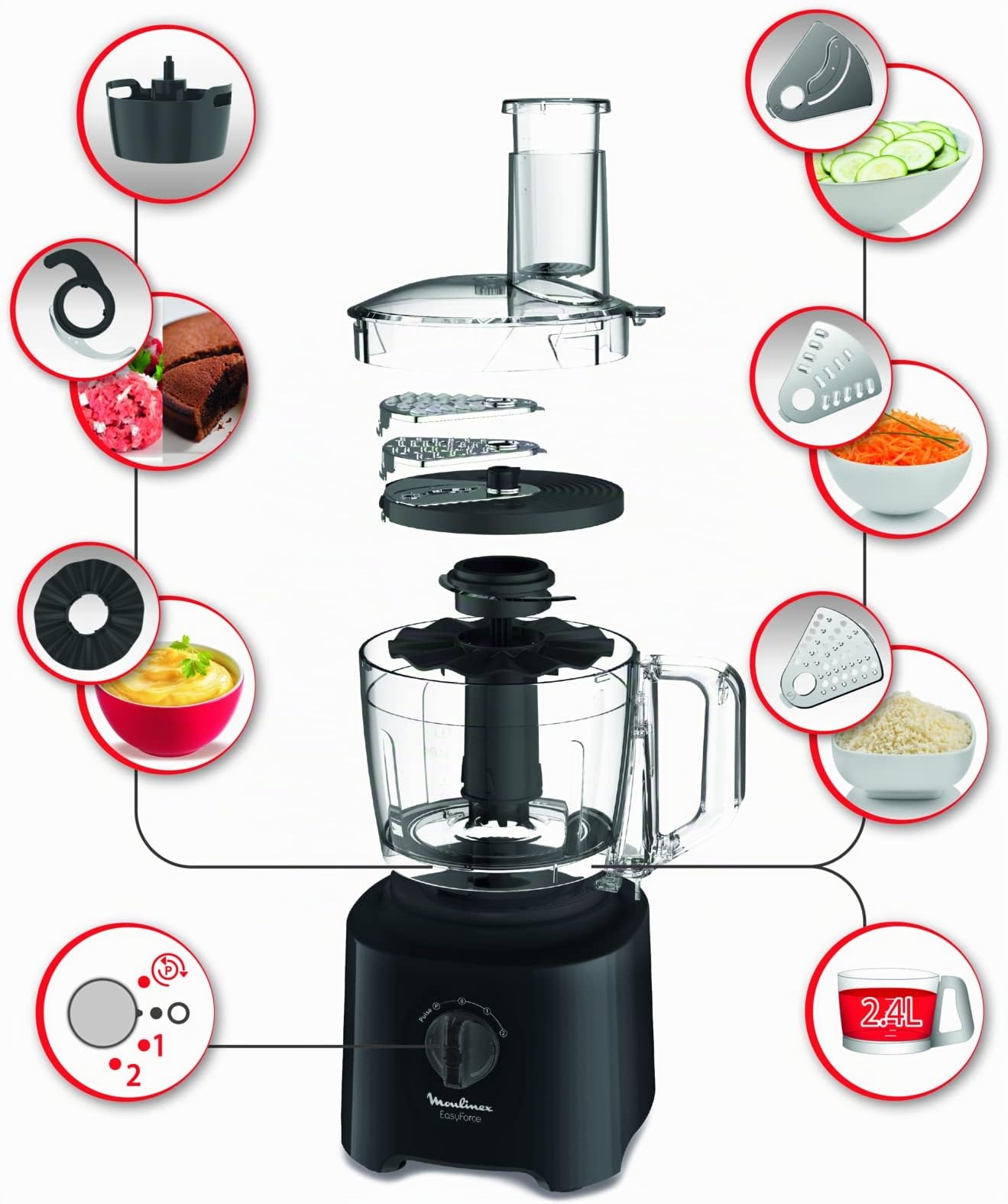 Moulinex Easy Force Robot multifonction, Puissance 800 W, Robot cuisine facile a utiliser, Plus de 20 fonctions, Mixer, pétrir, hacher, râper, émincer, Robot mixeur grande capacité FP245810