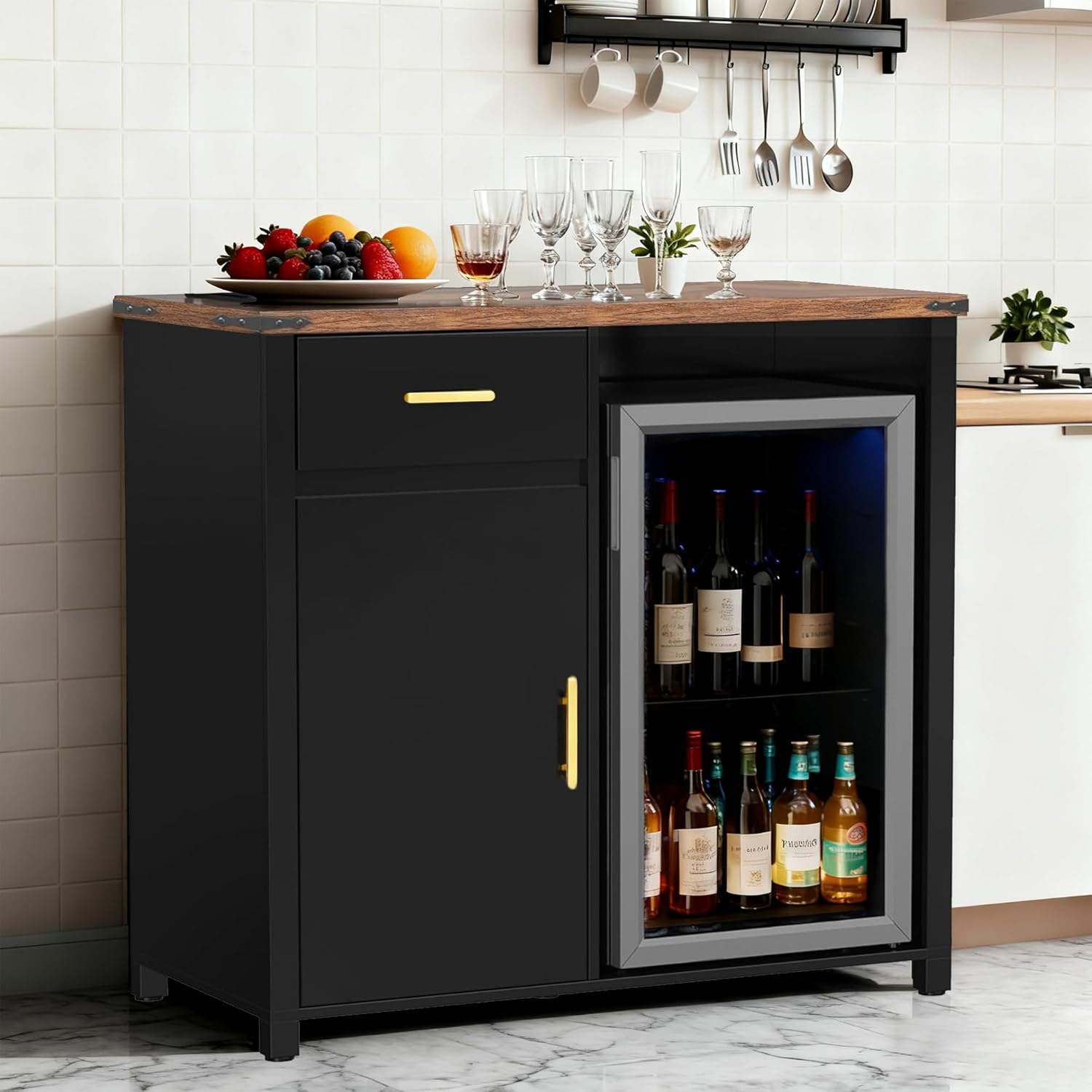 Mini Fridge Cabinet with Storage Space, Coffee Bar Cabinet with Mini Fridge Space, Buffet Sideboard Table for Living Room, Kitchen, Bar, Office (39.5W x 38.5H x 20.9D)