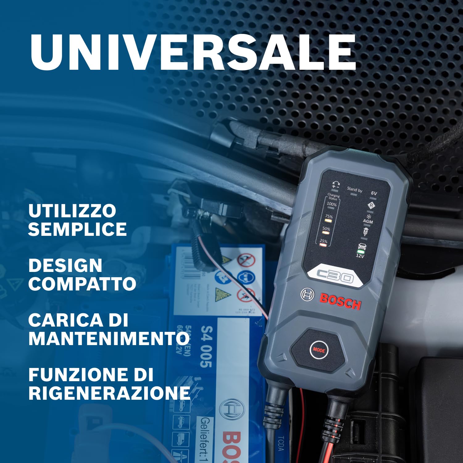 Bosch C30 Caricabatterie per Auto, 6 V - 12 V / 3,8 A, con Carica di Mantenimento - per Batterie al Piombo-Acido, EFB, GEL, AGM e SLI da 6 V/12 V