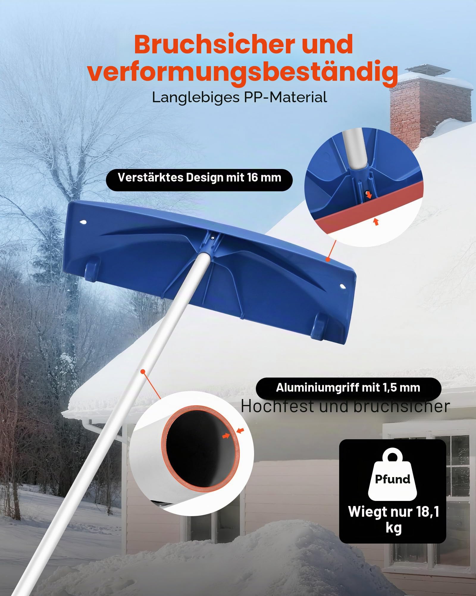 VEVOR Schneedachrechen, 60 cm Klinge aus PP, 118–555 mm Verstellbarer Schneeschieber mit Rädern, Schneeräumwerkzeug mit rutschfestem Griff, Hausdachrechen zum Entfernen von Laub & Schnee