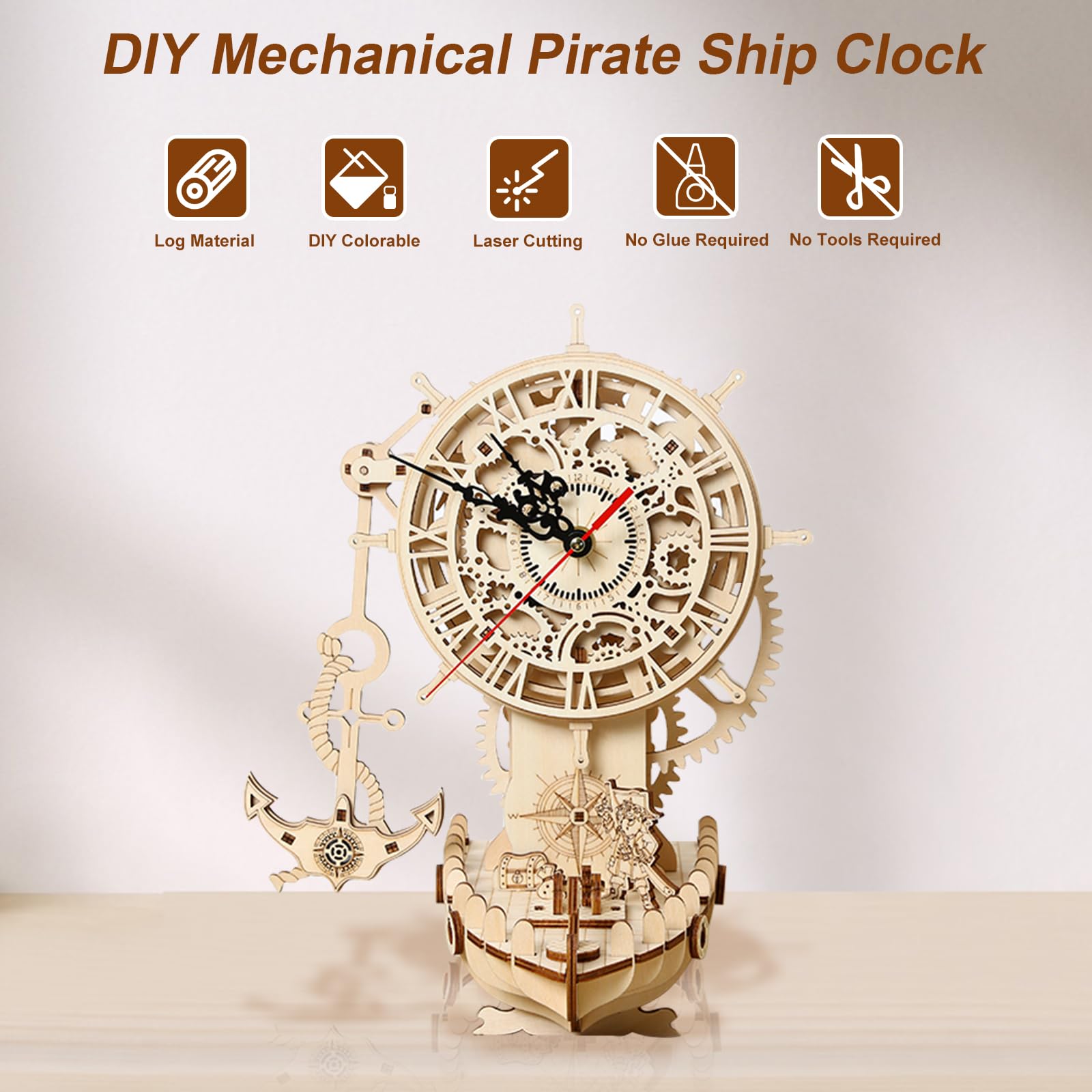 3D drewniane puzzle dla dorosłych, 3D drewniany zegar puzzle mechaniczne model, Drewniany zegar DIY z pirackim statkiem, DIY świąteczne prezenty urodzinowe, 123 elementy