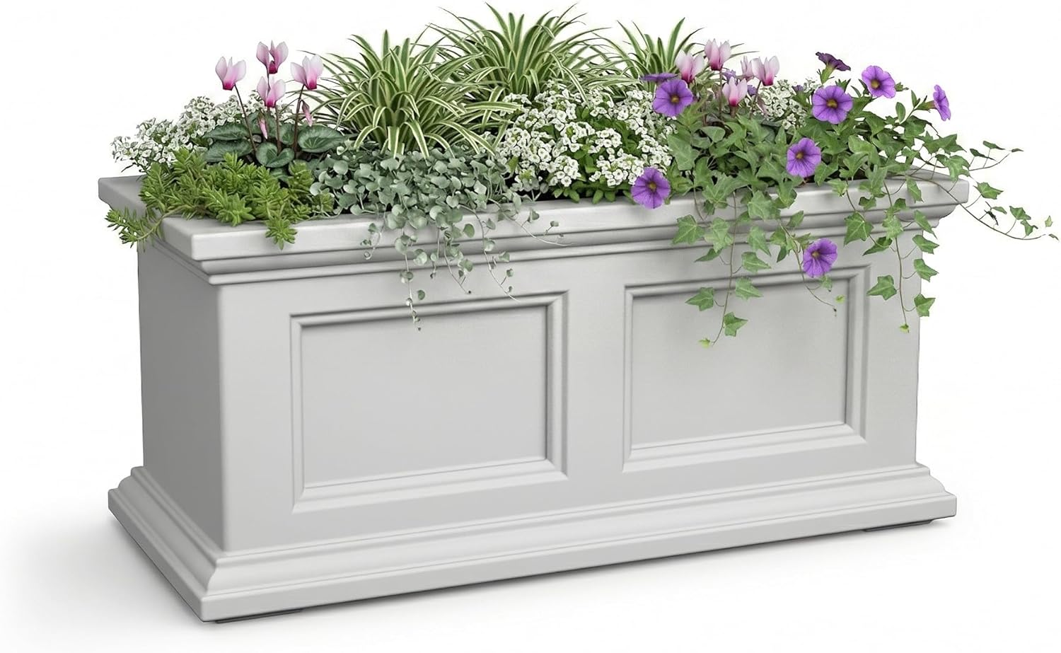 Mayne Fairview 2ft Durable Self Watering Window Box Planter with Wall Mount Brackets, UV & Weather Resistant, Double Wall Design, New England Architecture for Outdoor Décor, White