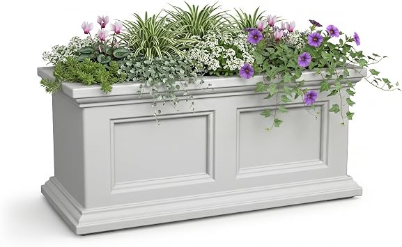 Mayne Fairview 2ft Durable Self Watering Window Box Planter with Wall Mount Brackets, UV & Weather Resistant, Double Wall Design, New England Architecture for Outdoor Decor, White