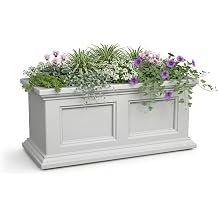Mayne Fairview 2ft Durable Self Watering Window Box Planter with Wall Mount Brackets, UV & Weather Resistant, Double Wall Design, New England Architecture for Outdoor Decor, White