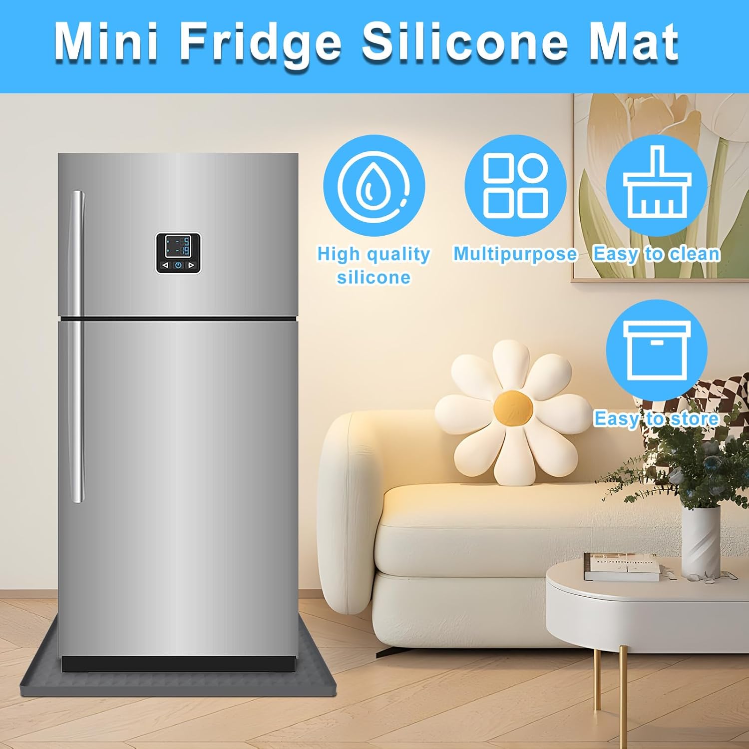 Silicone Fridge Mat with Raised Edges 23.6" x 23.6" Soft Under Refrigerator Mat Washable Floor Protector Under Washer Dryer Mat Mini