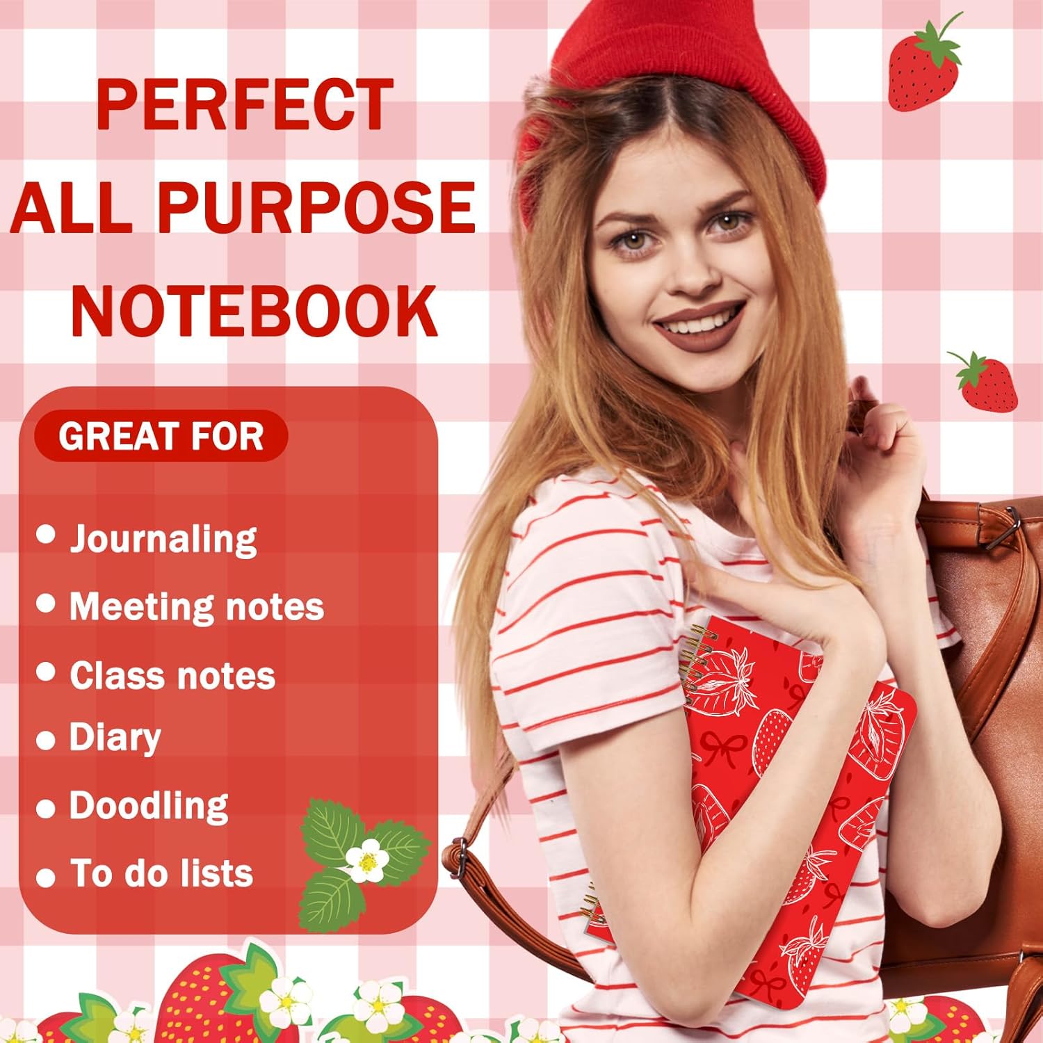 Resurhang 6 Pack A5 Strawberry Spiral Notebooks Preppy Journal Cute Aesthetic Hardcover Ruled Notebooks with Ballpoint Pens for Office School Day Classroom Prize, 5. 8 x 8. 3 Inch