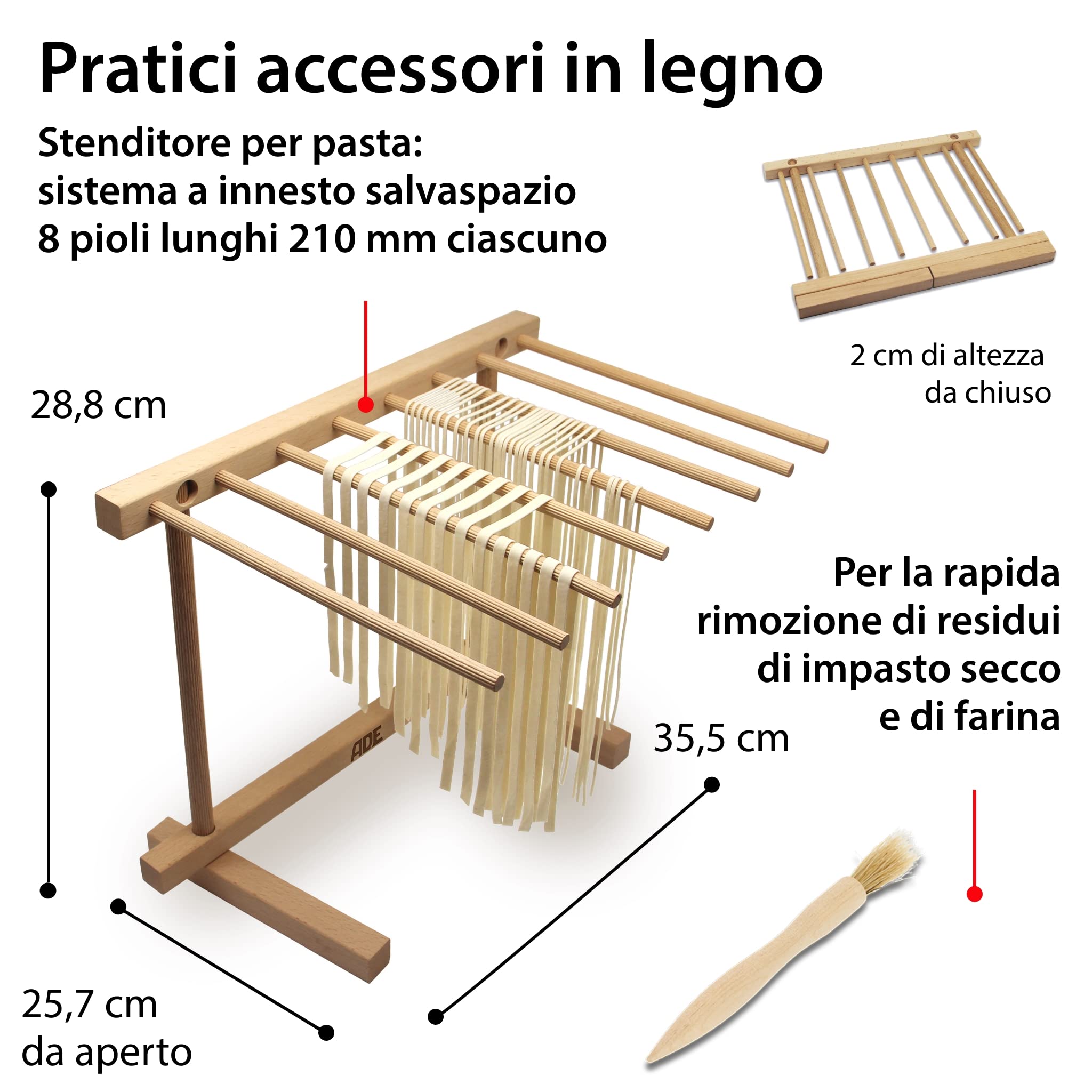 ADE Macchina per pasta manuale di alta qualità | 7 spessori di pasta per lasagne spaghetti fettucine | extra: Asciugatrice e spazzola per la pulizia della pasta | Macchina per la pasta in acciaio inox