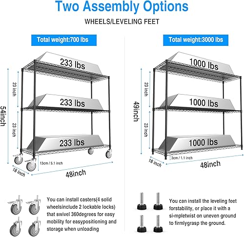 Miniatura 3 de Estantería de alambre de metal NSF de 3 niveles, estante de alambre ajustable resistente de 3000 libras con ruedas de 5 pulgadas y revestimientos de