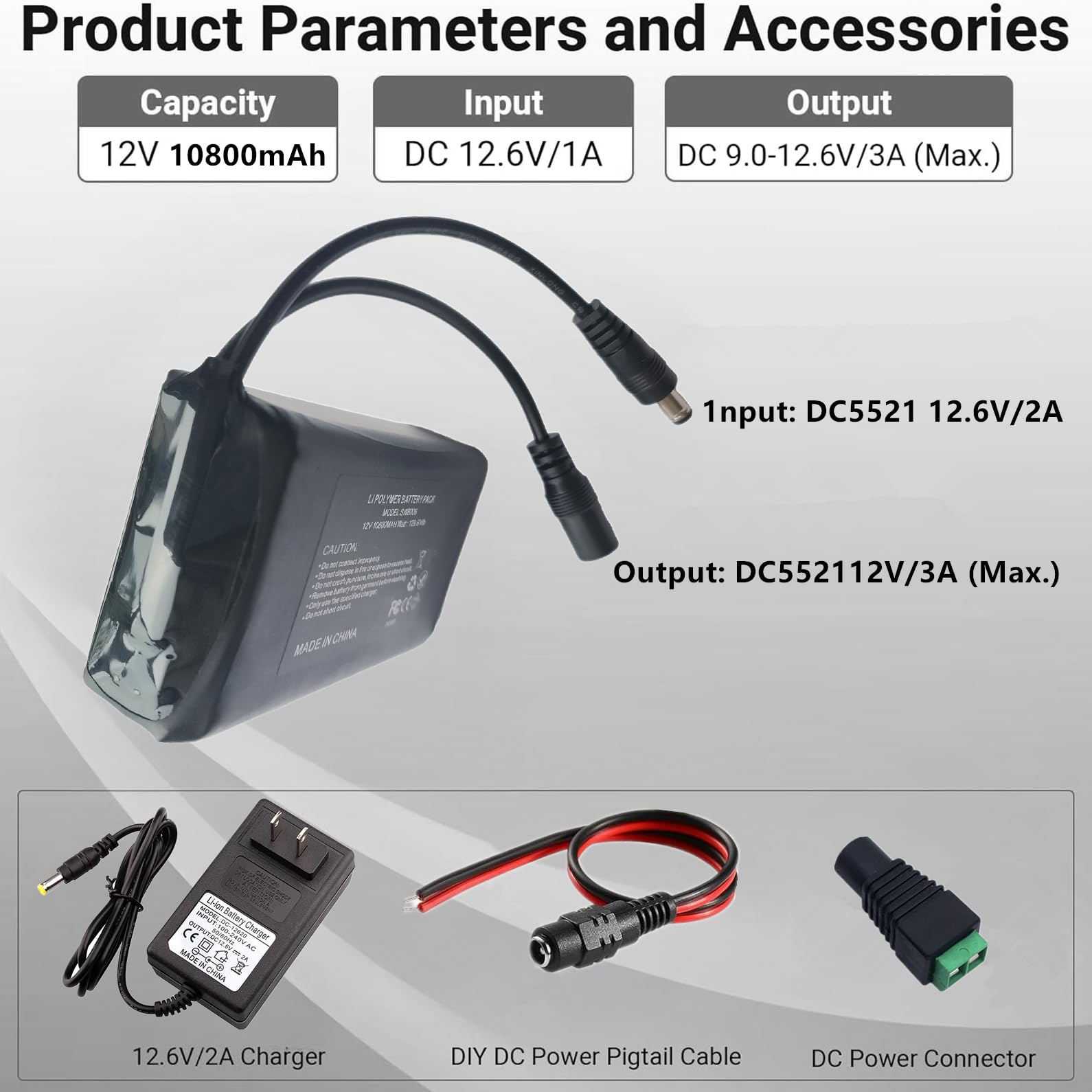Batteria agli ioni di litio da 12 V, 10800 mAh, con caricatore, compatibile con dispositivi da 12 V, illuminazione per bicicletta, progetto fai da te, radio, luce da pesca, strisce luminose a LED